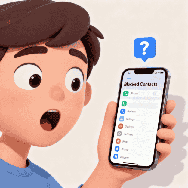 iPhone user discovering forgotten blocked numbers in Settings app with surprised expression
