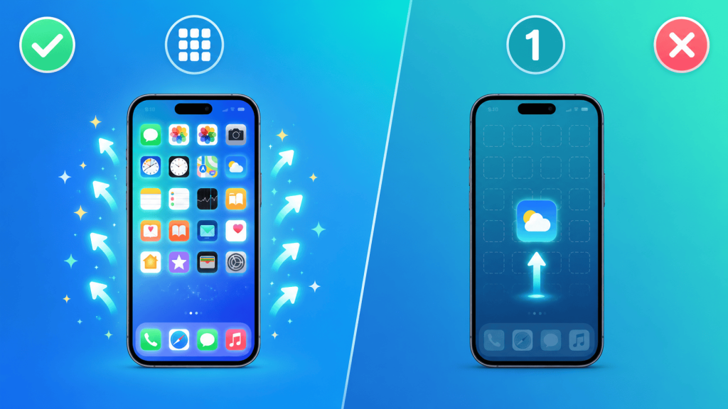 Comparison showing when to unhide apps on iPhone in bulk versus unhiding a single app