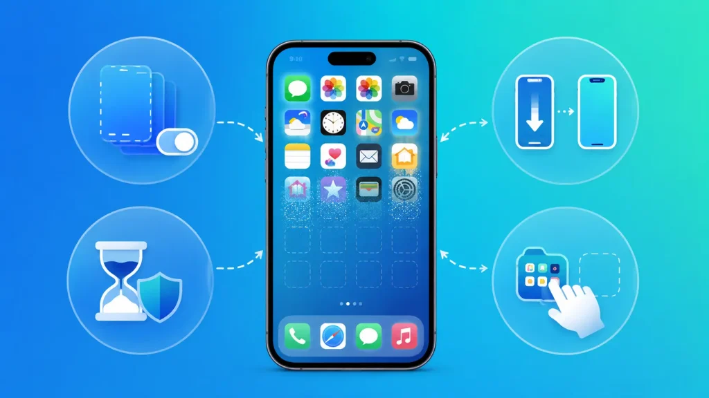 Diagram explaining why multiple apps disappear at once on iPhone: hidden page, restore, Screen Time, and reorganization
