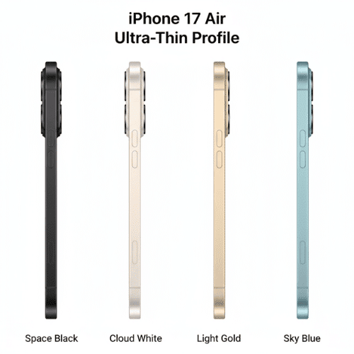 iPhone 17 Air colors Space Black Cloud White Light Gold Sky Blue four options display
