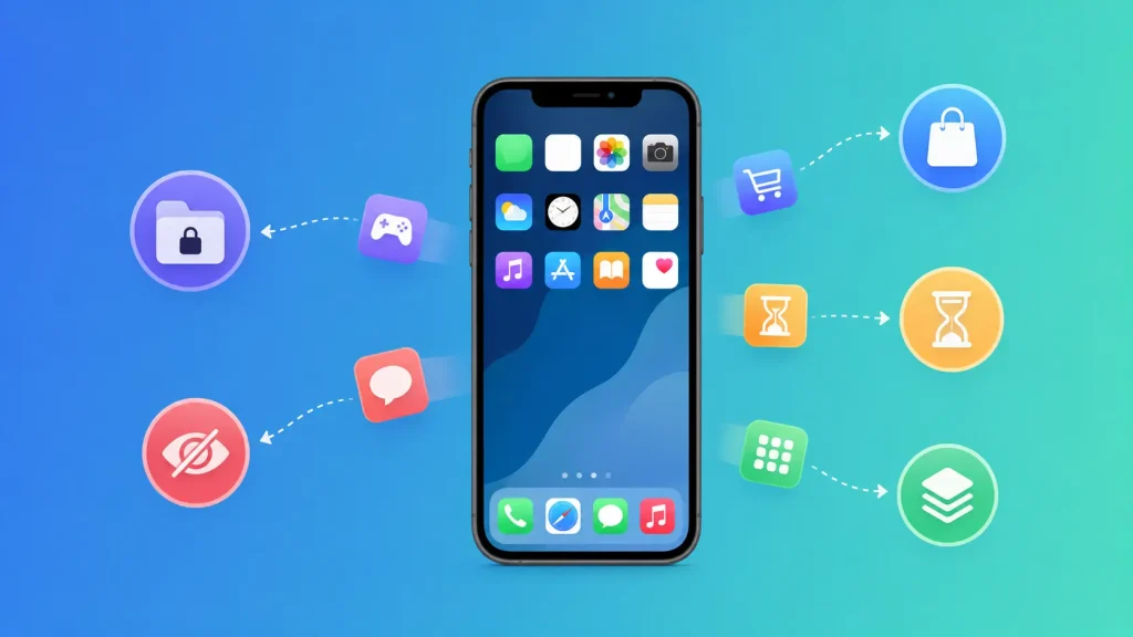  Diagram explaining why apps get hidden on iPhone: app library, hidden folder, purchases, and Screen Time