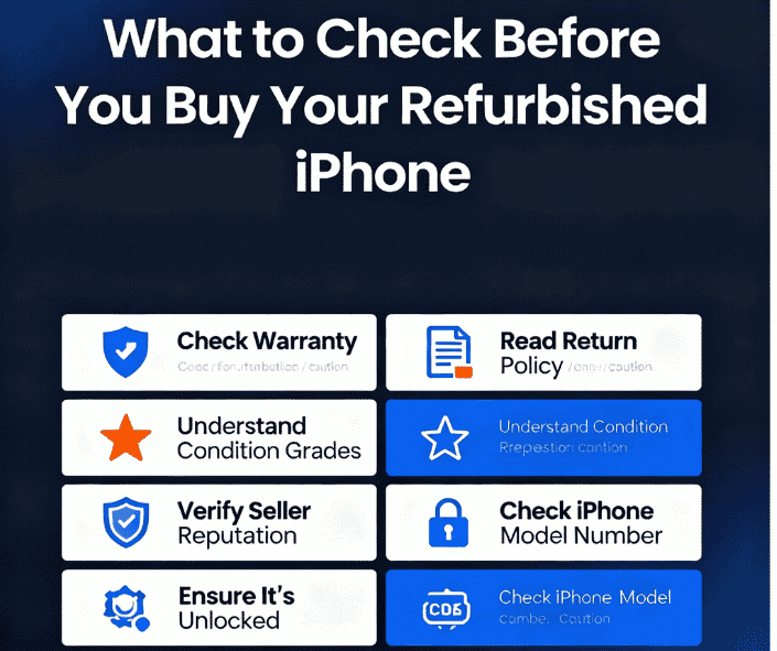 Best Places to Buy a Refurbished iPhone (2025) 19 A checklist graphic detailing what to verify before purchasing a refurbished iPhone, including warranty, return policy, and seller reputation.