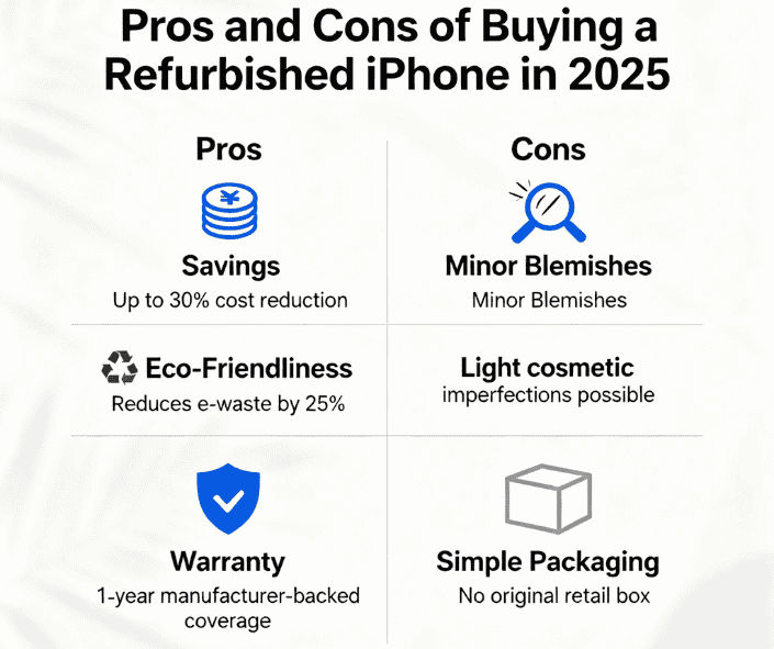 Best Places to Buy a Refurbished iPhone (2025) 12 A graphic showing the pros and cons of a refurbished iPhone. Pros include savings and warranty, while cons include possible cosmetic flaws and basic packaging.