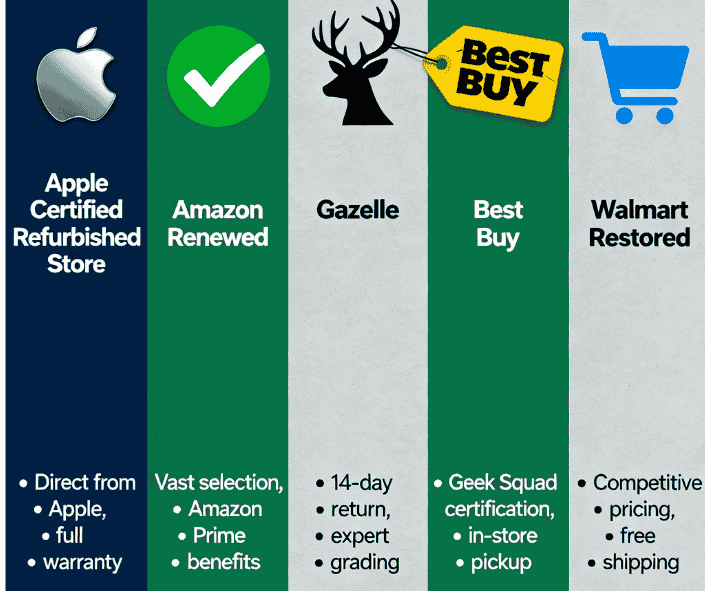 Best Places to Buy a Refurbished iPhone (2025) 13 An infographic of the top retailers for refurbished iPhones, including Apple, Amazon Renewed, Gazelle, Best Buy, and Walmart.