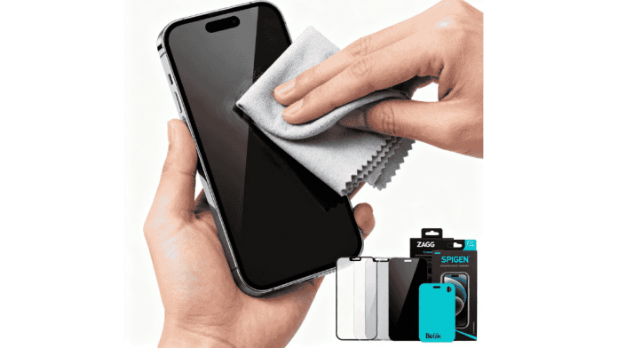 Person carefully cleaning iPhone screen with microfiber cloth next to multiple screen protector options including ZAGG, Spigen, and Belkin products