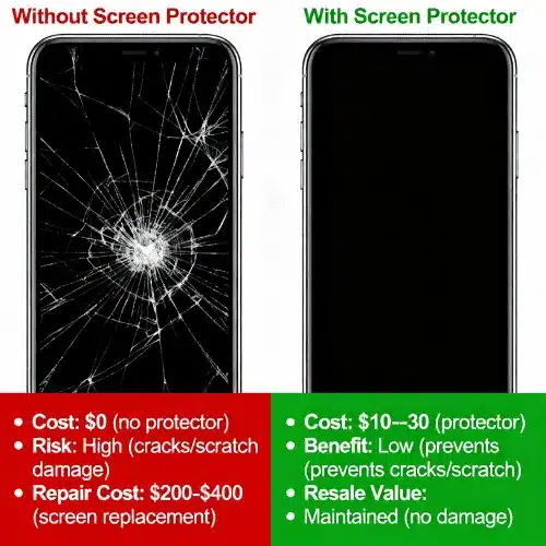 Comparison showing iPhone with screen protector protection versus damaged screen without protection - demonstrating value and cost benefits