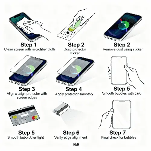 Step-by-step sequential installation guide showing 7 steps to apply iPhone screen protector correctly without air bubbles