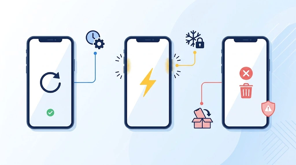 Comparison of soft reset, force restart, and factory reset options on iPhone