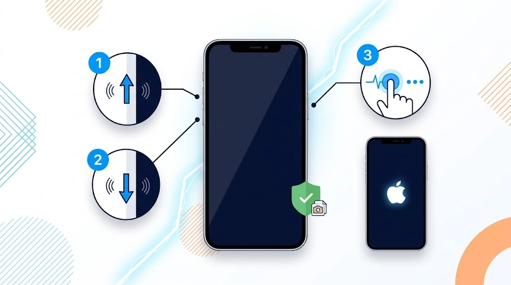 Force restart an iPhone by pressing Volume Up, Volume Down, then holding the Side button