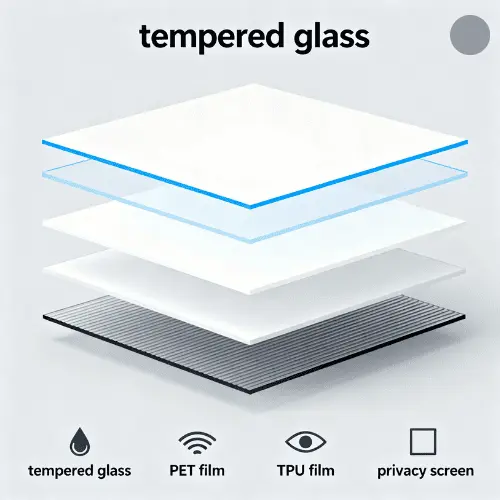 Educational infographic showing different types of iPhone screen protectors including tempered glass, PET film, TPU film, and privacy screens with layer diagrams