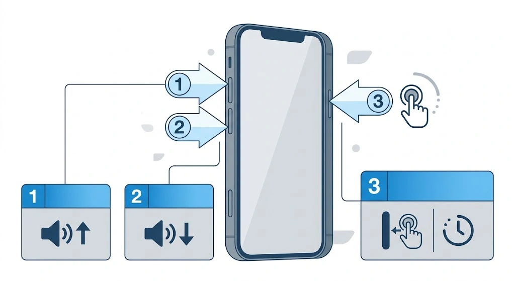 Force restart sequence for iPhone 8, X, 11, 12, 13, 14, 15 volume up, volume down, hold side button