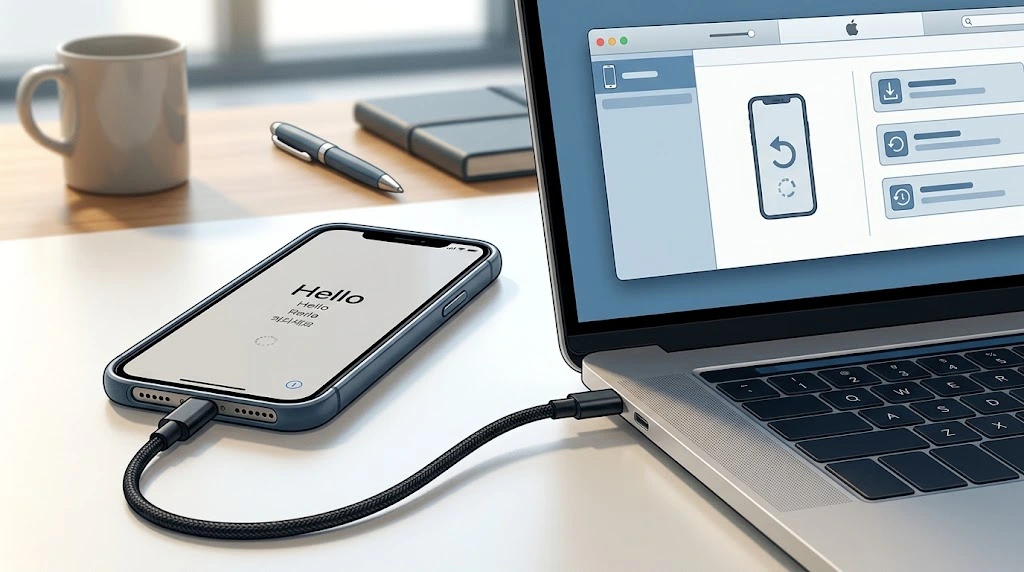 How to iTunes Restore iPhone: Complete 2026 Tutorial 6 iPhone connected by USB cable to a laptop before a factory reset