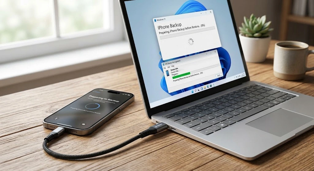 How to iTunes Restore iPhone: Complete 2026 Tutorial 4 iPhone connected to a laptop with a USB cable before creating a backup and restoring the device