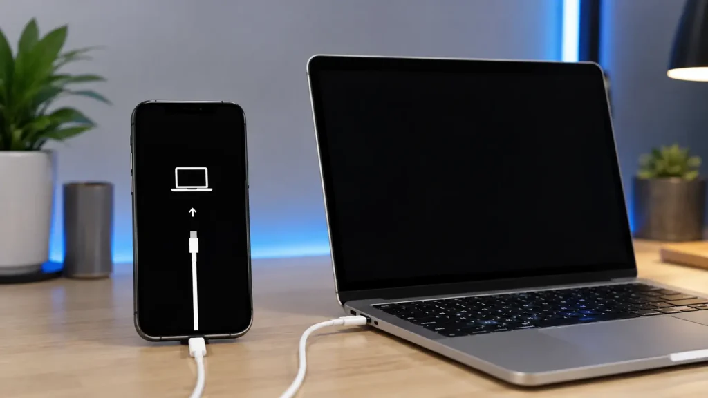 iPhone in Recovery Mode connected to a computer