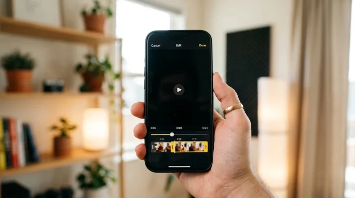 Hand holding iPhone showing video trim timeline in the Photos app