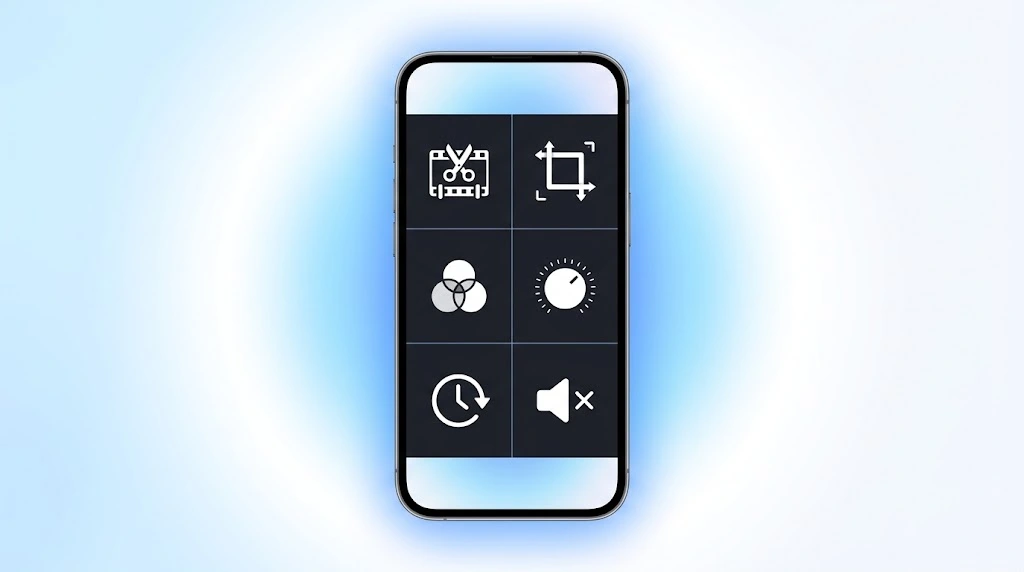 iPhone Photos app showing built-in video editing tools like trim, crop, and filters