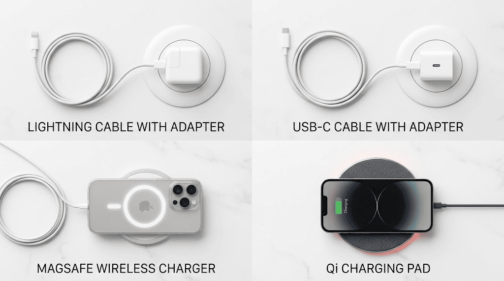 iPhone Charger Types: Which One Fits Your iPhone? (2026) 10 Four main iphone charger types displayed: Lightning, USB-C, MagSafe, and Qi wireless chargers