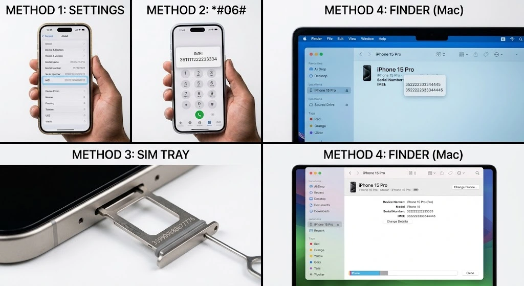 Four methods to find iPhone IMEI number: Settings app, dial *#06#, SIM tray, and Finder on Mac