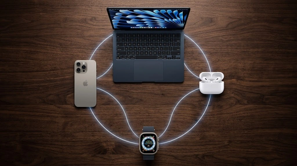 Integrated Apple ecosystem: iPhone with Apple Watch, AirPods, and MacBook connected together