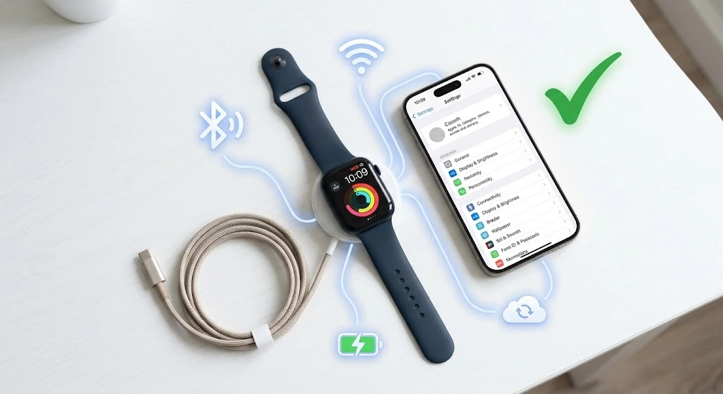 How to Connect Apple Watch to iPhone (Step-by-Step 2026) 10 Apple Watch, iPhone and checklist icons for Bluetooth and Wi-Fi before pairing