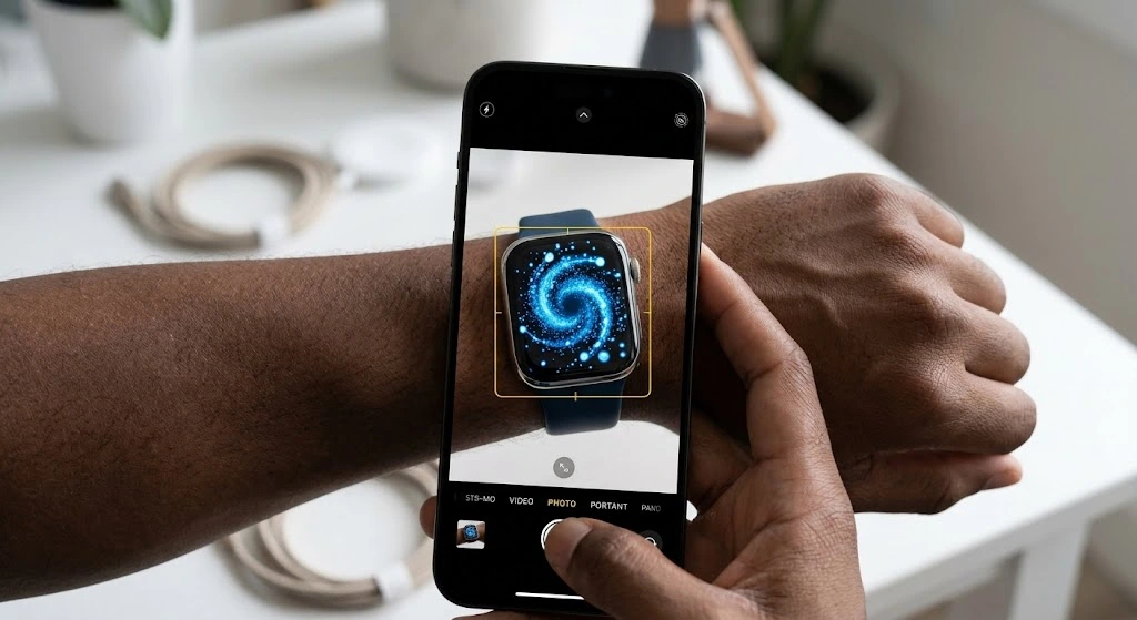 How to Connect Apple Watch to iPhone (Step-by-Step 2026) 11 iPhone camera scanning the blue pairing animation on an Apple Watch