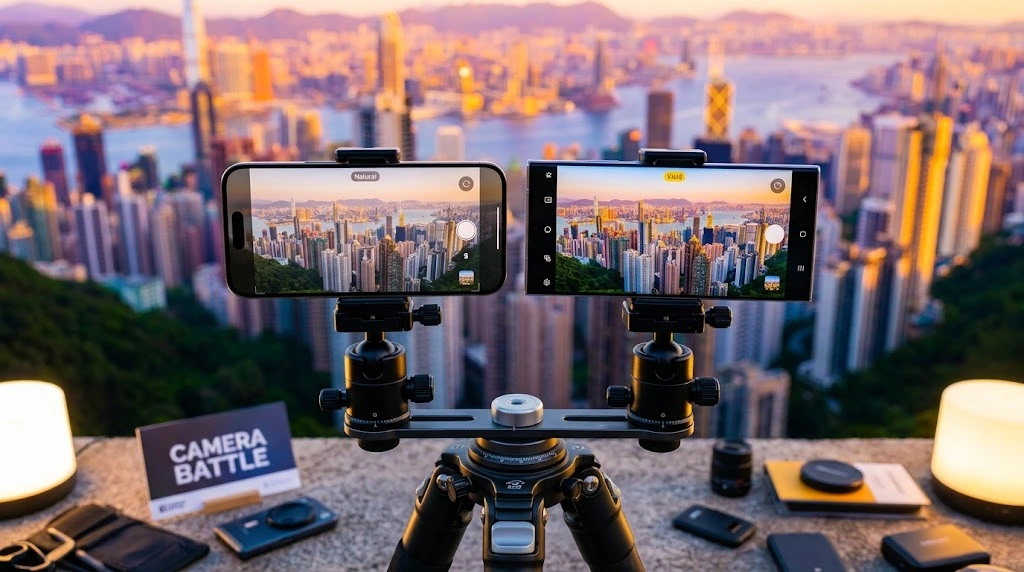 Camera comparison between iPhone 17 Pro Max and Galaxy S25 Ultra photographing cityscape at sunset