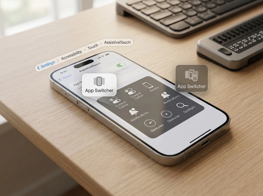 AssistiveTouch virtual button menu on iPhone screen showing App Switcher option for accessibility
