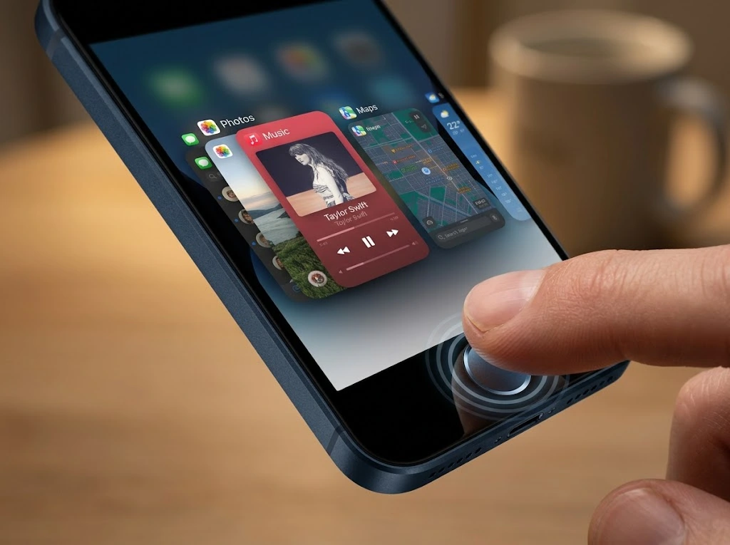 Finger double-clicking the Home button on iPhone SE to open app switcher with legacy card interface