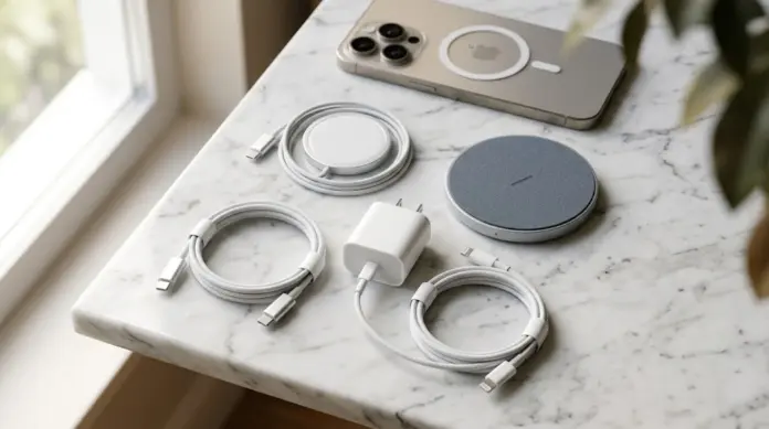 iphone charger types accessories collection showing USB-C and Lightning cables with power adapters and wireless chargers