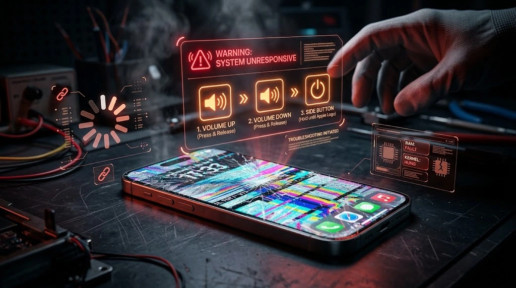 Troubleshooting frozen iPhone app with force restart button combinations and recovery options
