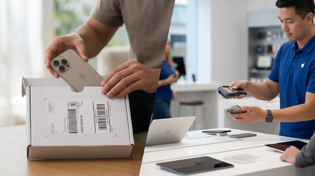 Apple Trade In process showing both online shipping and in-store exchange methods