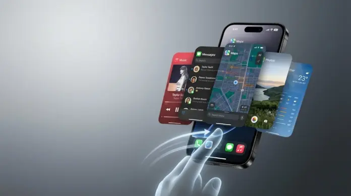 iPhone 17 Pro displaying iOS 26 app switcher with multiple app cards and swipe-up gesture animation