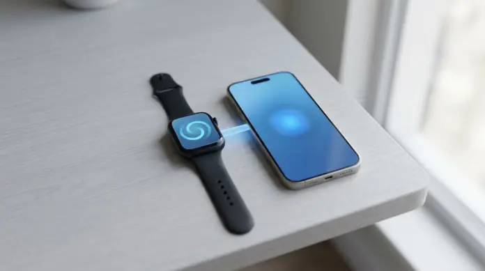 How to connect Apple Watch to iPhone with a blue pairing link between the two devices