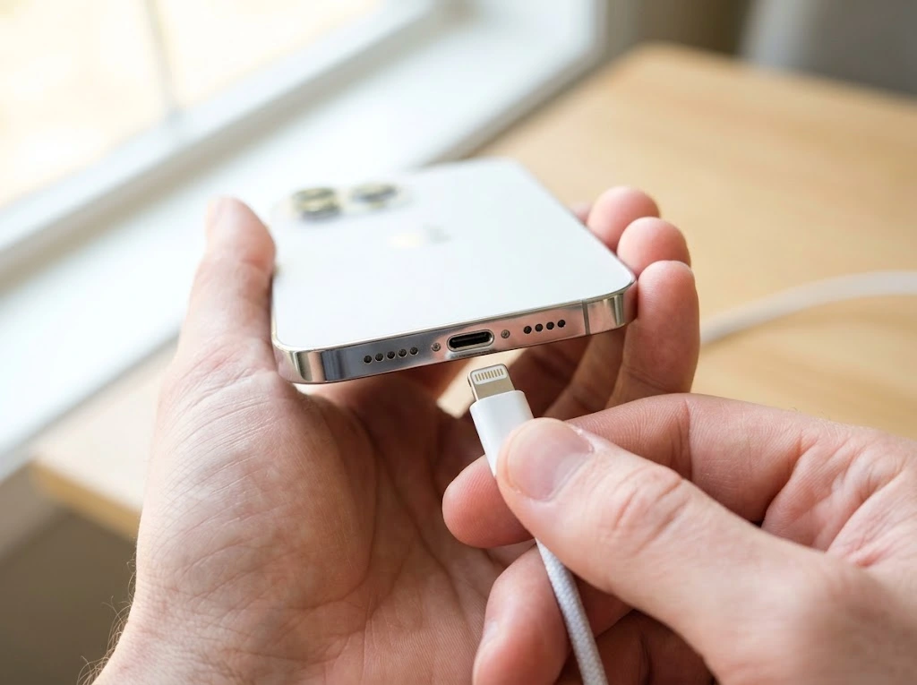 iPhone Charger Types: Which One Fits Your iPhone? (2026) 12 Close-up view of iPhone bottom showing charging port location between speaker grilles