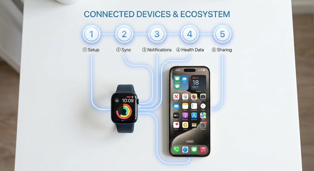 How to Connect Apple Watch to iPhone (Step-by-Step 2026) 9 Apple Watch and iPhone with five numbered steps showing how to pair them