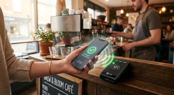 iPhone paying at a contactless reader with Apple Pay