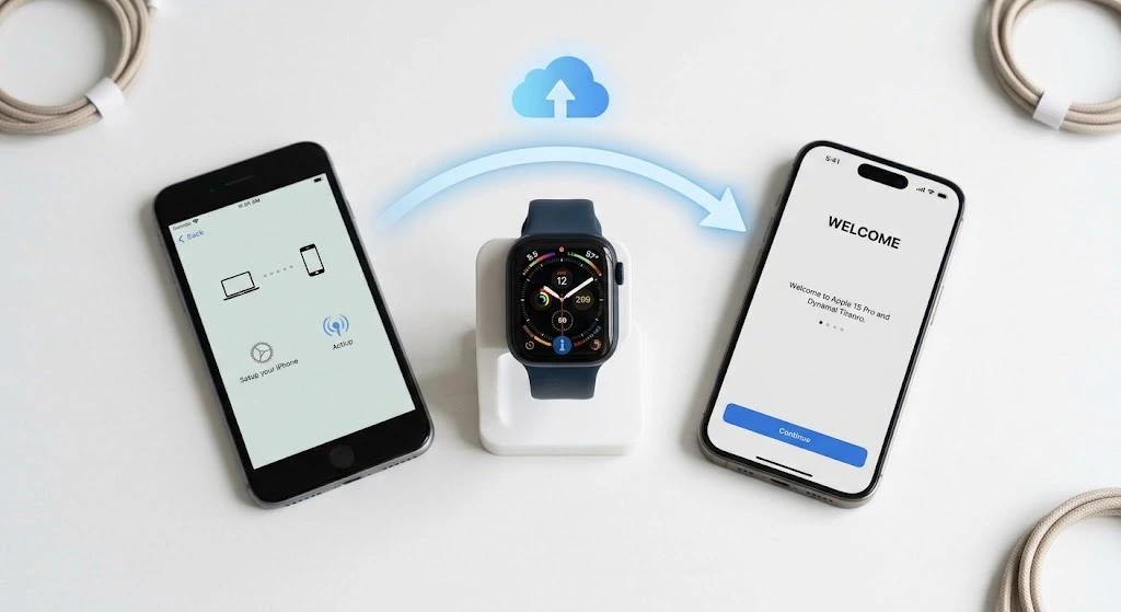 How to Connect Apple Watch to iPhone (Step-by-Step 2026) 13 Apple Watch moving from an old iPhone to a new iPhone with a backup icon