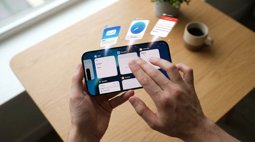 Demonstration of three-finger gesture to close multiple iPhone apps simultaneously in iOS 26 app switcher