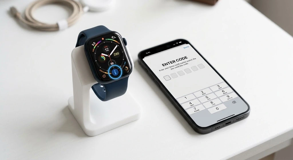 How to Connect Apple Watch to iPhone (Step-by-Step 2026) 12 Apple Watch info button and iPhone code screen for manual pairing