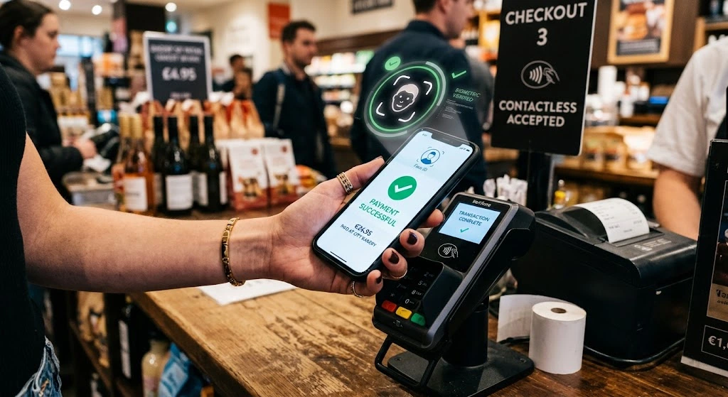 How to Use Apple Pay on iPhone (Stores, Online & Apps)2026 13 Hand holding iPhone near a payment terminal to pay with Apple Pay in a store