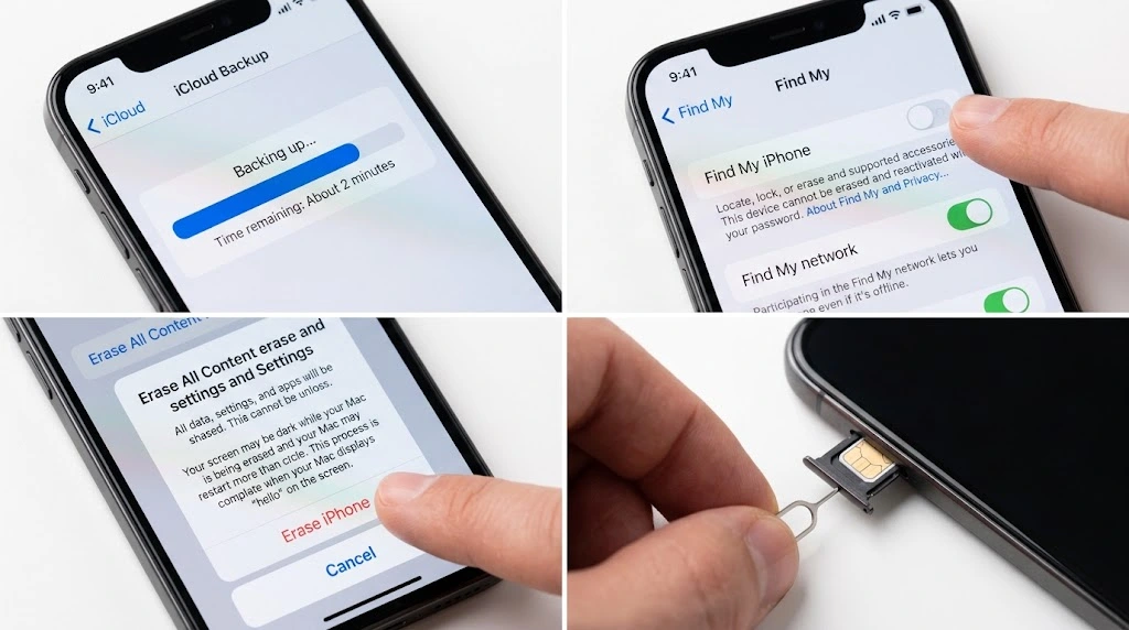 Step-by-step iPhone preparation: backup, disable Find My, erase data, remove SIM card