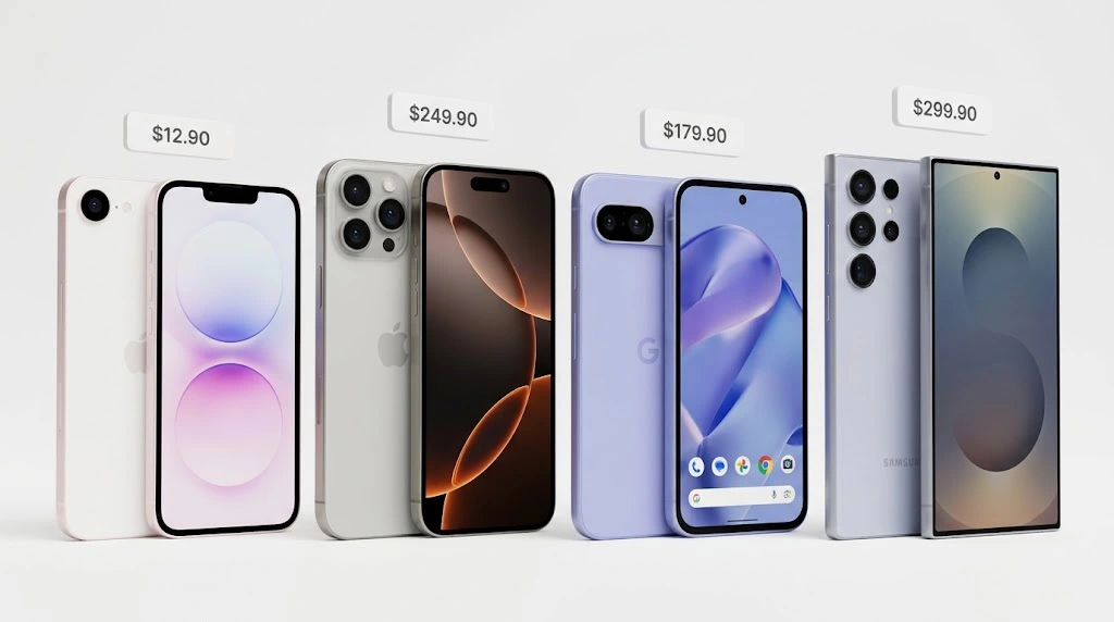 Price comparison: iPhone 17e and iPhone 17 Pro Max alongside Pixel 9a and Galaxy S25 Ultra