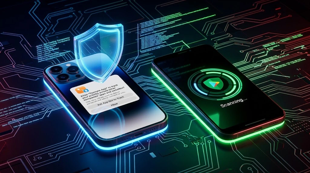 Privacy features comparison: App Tracking Transparency on iPhone versus Google Play Protect on Android