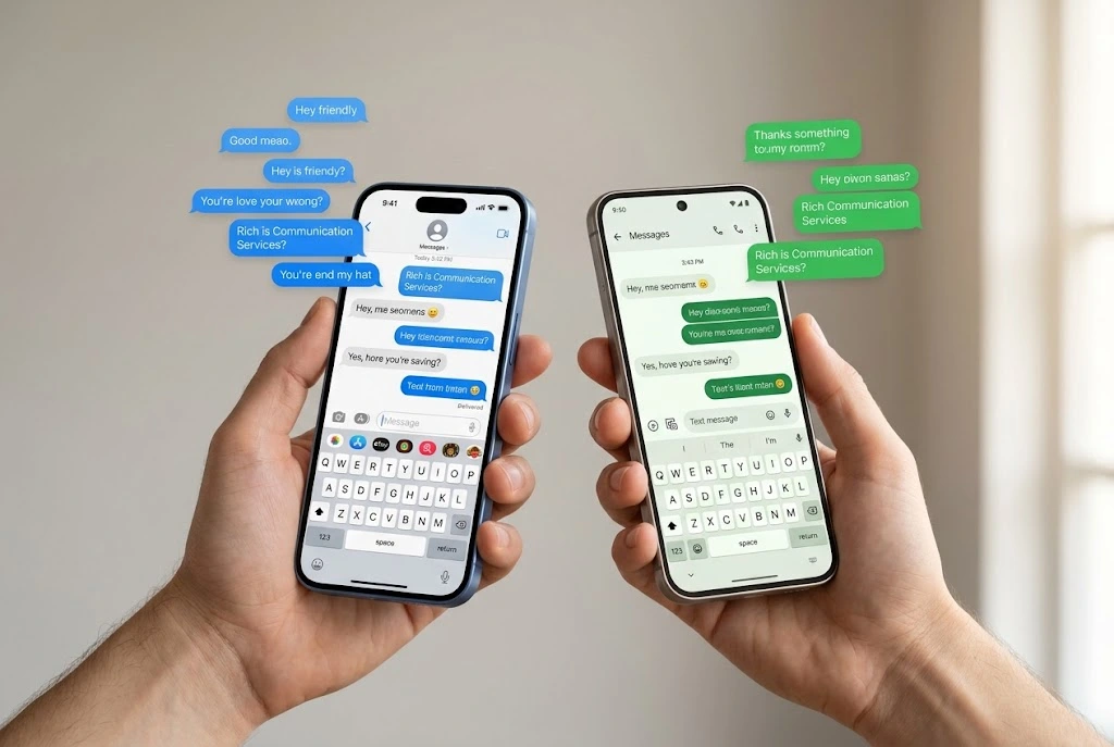 Hand holding iPhone with blue iMessage bubbles and another hand holding Android phone with green RCS bubbles