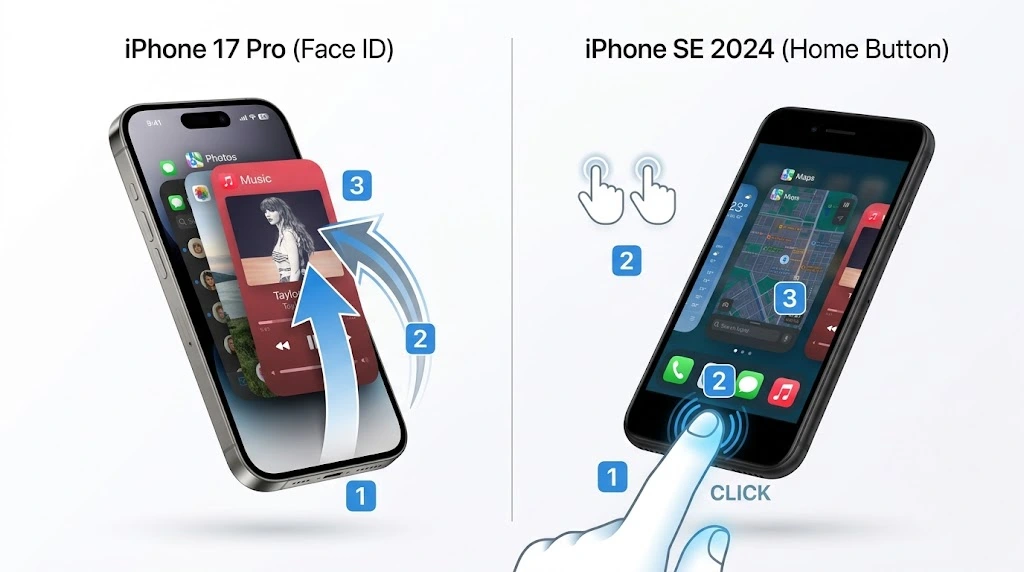 Split-screen comparison showing Face ID swipe-up gesture vs Home button double-click to open app switcher on iOS 26