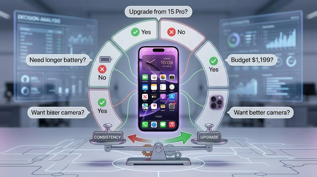 iPhone 18 Pro buying decision flowchart with pros and cons