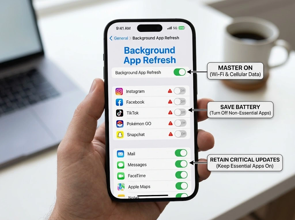 Background App Refresh settings on iPhone showing toggles disabled for games and social media to save battery