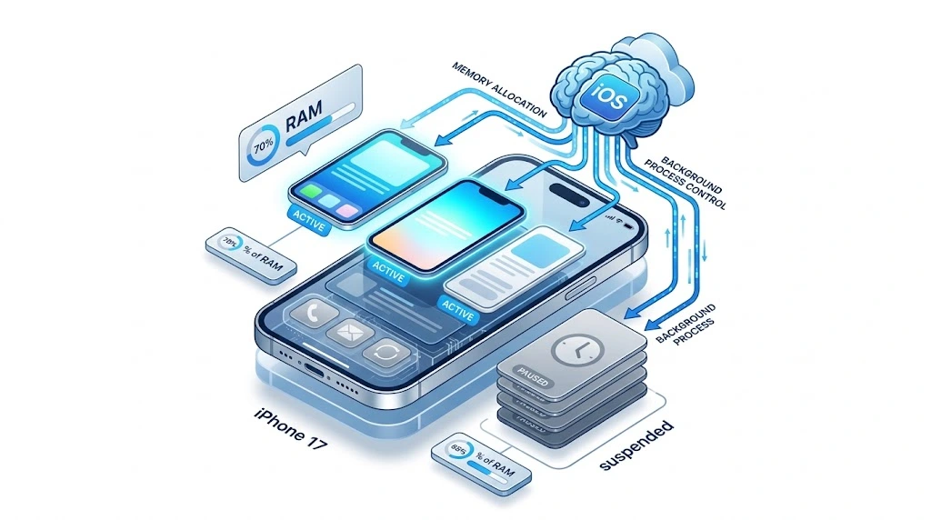 Isometric diagram showing how iOS 26 manages background apps with suspended states and memory allocation