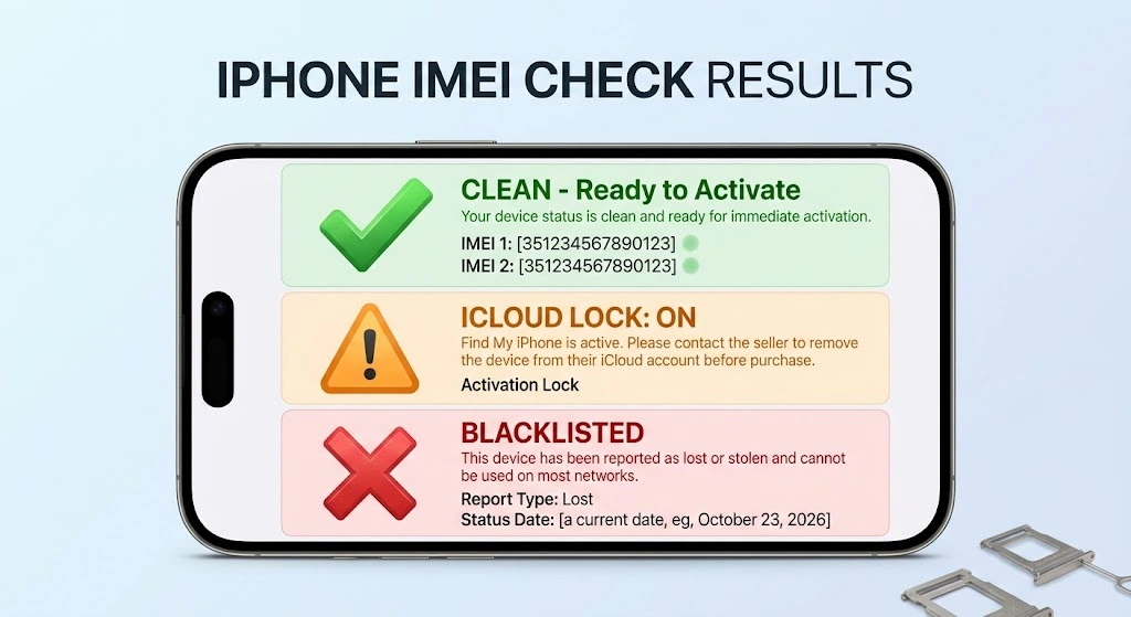 iPhone IMEI check results explained showing clean, iCloud locked, and blacklisted status indicators