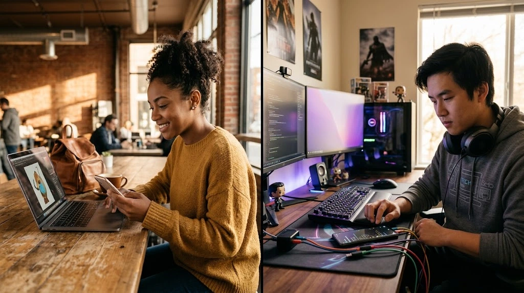 Which phone suits you? iPhone user in café with MacBook and Android user at home with gaming setup